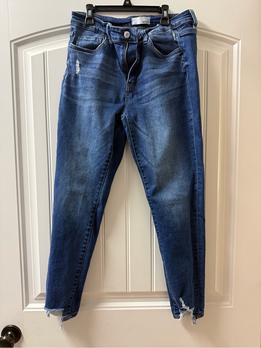 Vervet Women's Dark Blue Distressed Skinny Jeans with Raw Hem